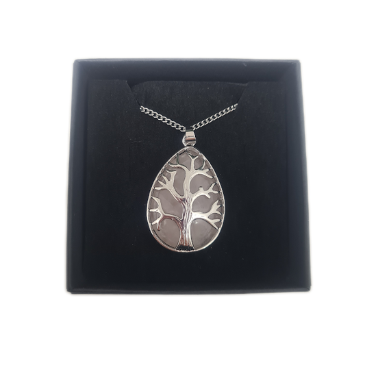 Oval Silver Rose Quartz Tree Of Life Necklace