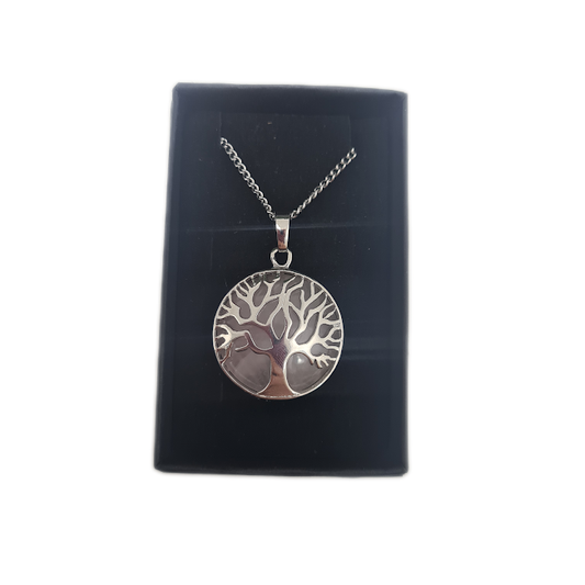 Round Silver Rose Quartz Tree Of Life Necklace