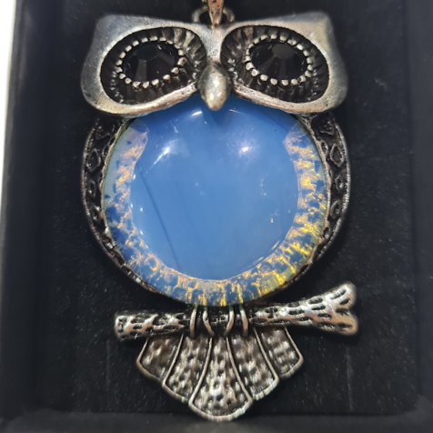 Large Opalite Antique Silver Owl Necklace