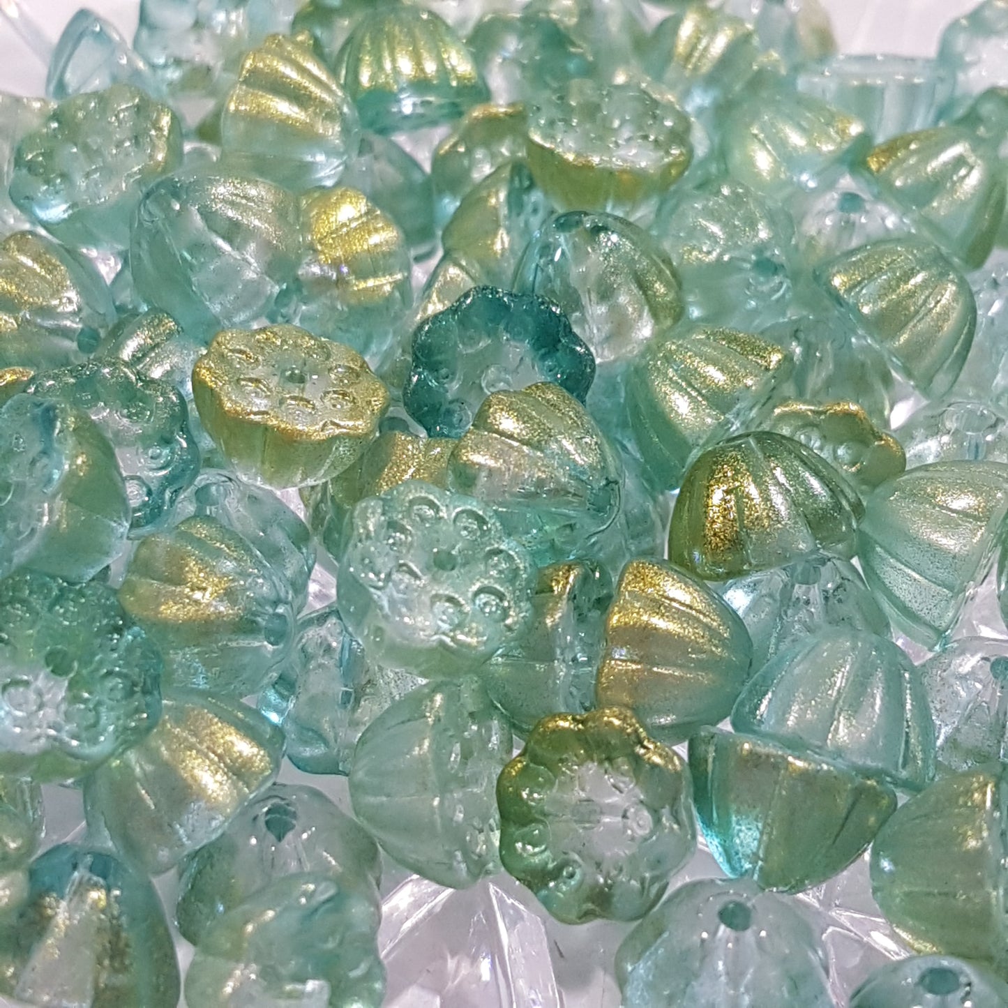 10pc Glittery Blue/Green Lotus Pod Beads