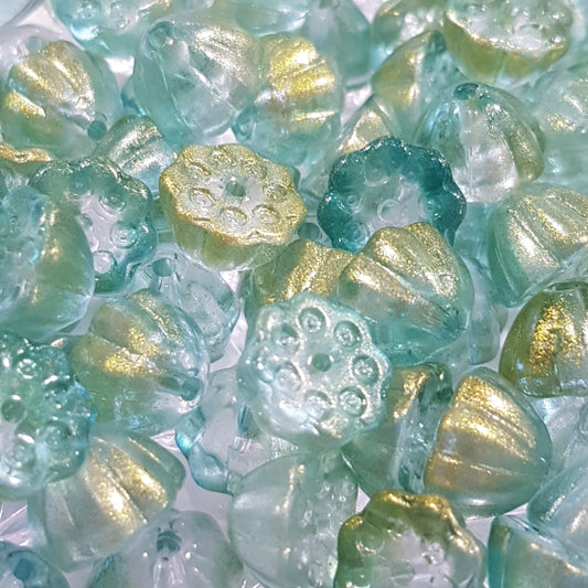 10pc Glittery Blue/Green Lotus Pod Beads