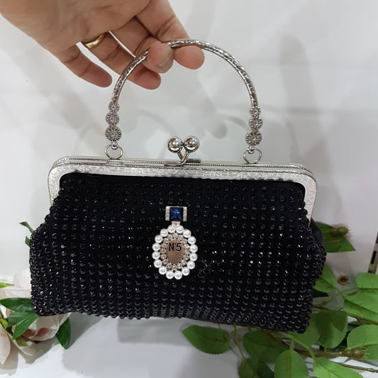 Black Rhinestone Metal - Handle Clutch Bag
