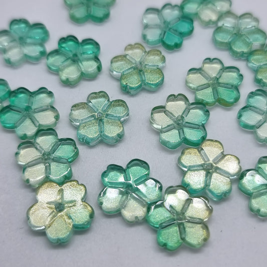 10pc Green Gold Shimmer Flower Glass Beads