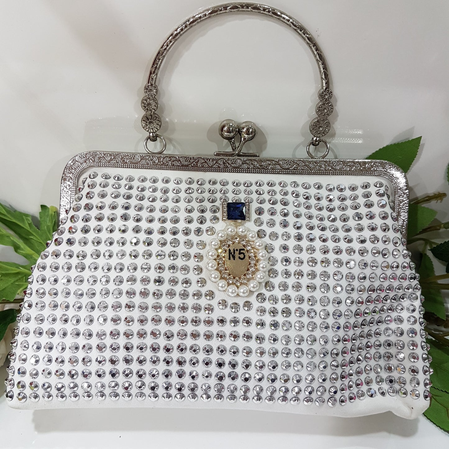 White Rhinestone Metal - Handle Clutch Bag