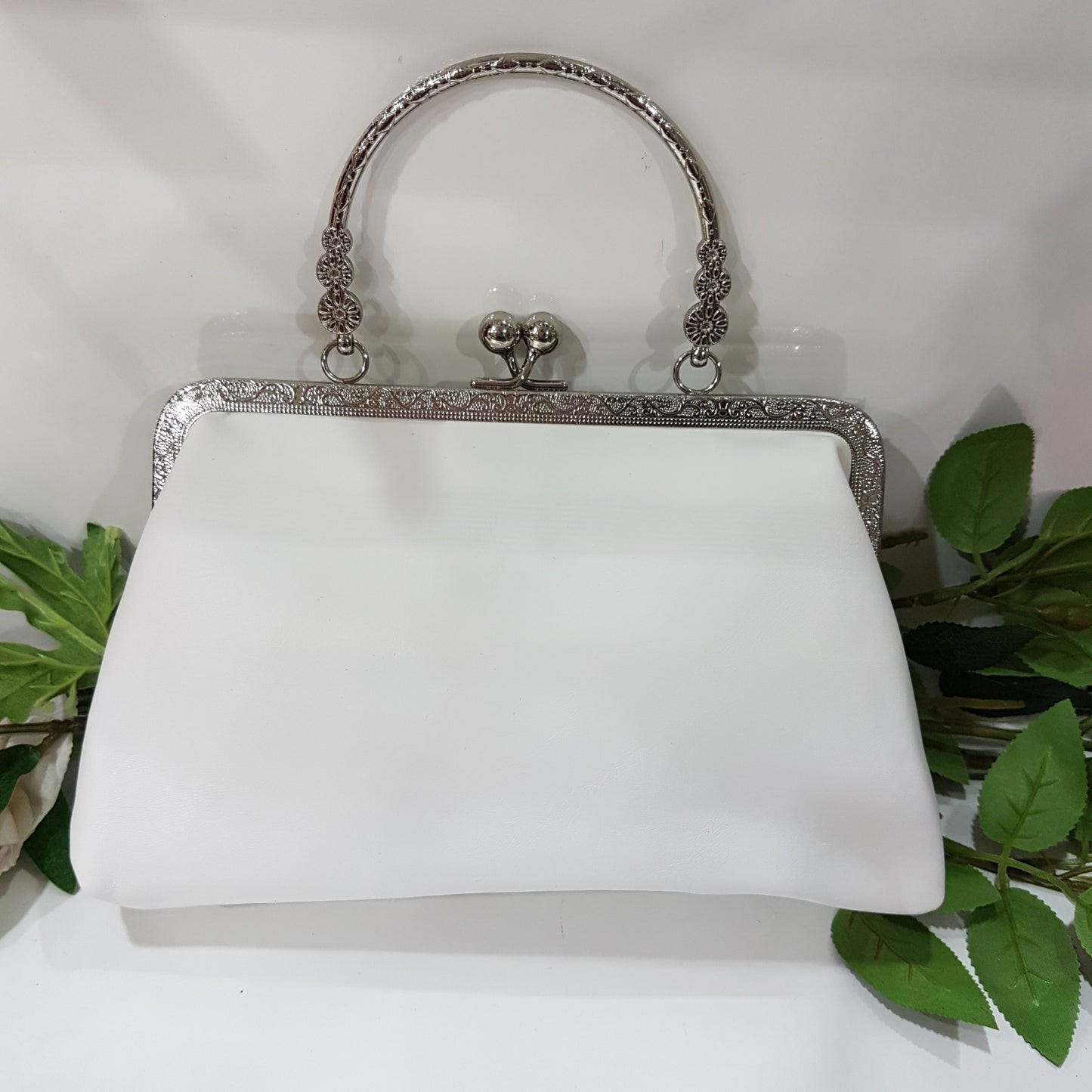 White Rhinestone Metal - Handle Clutch Bag