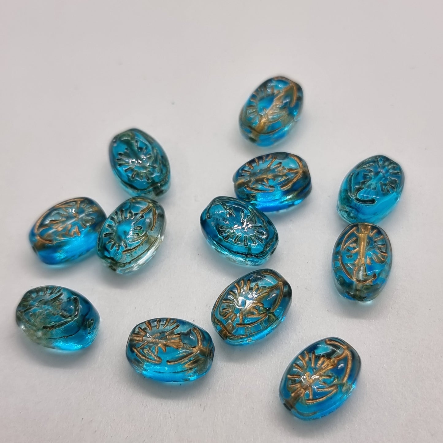 12pc Gold Inlaid Blue Oval Glass Beads