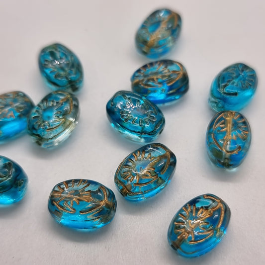 12pc Gold Inlaid Blue Oval Glass Beads