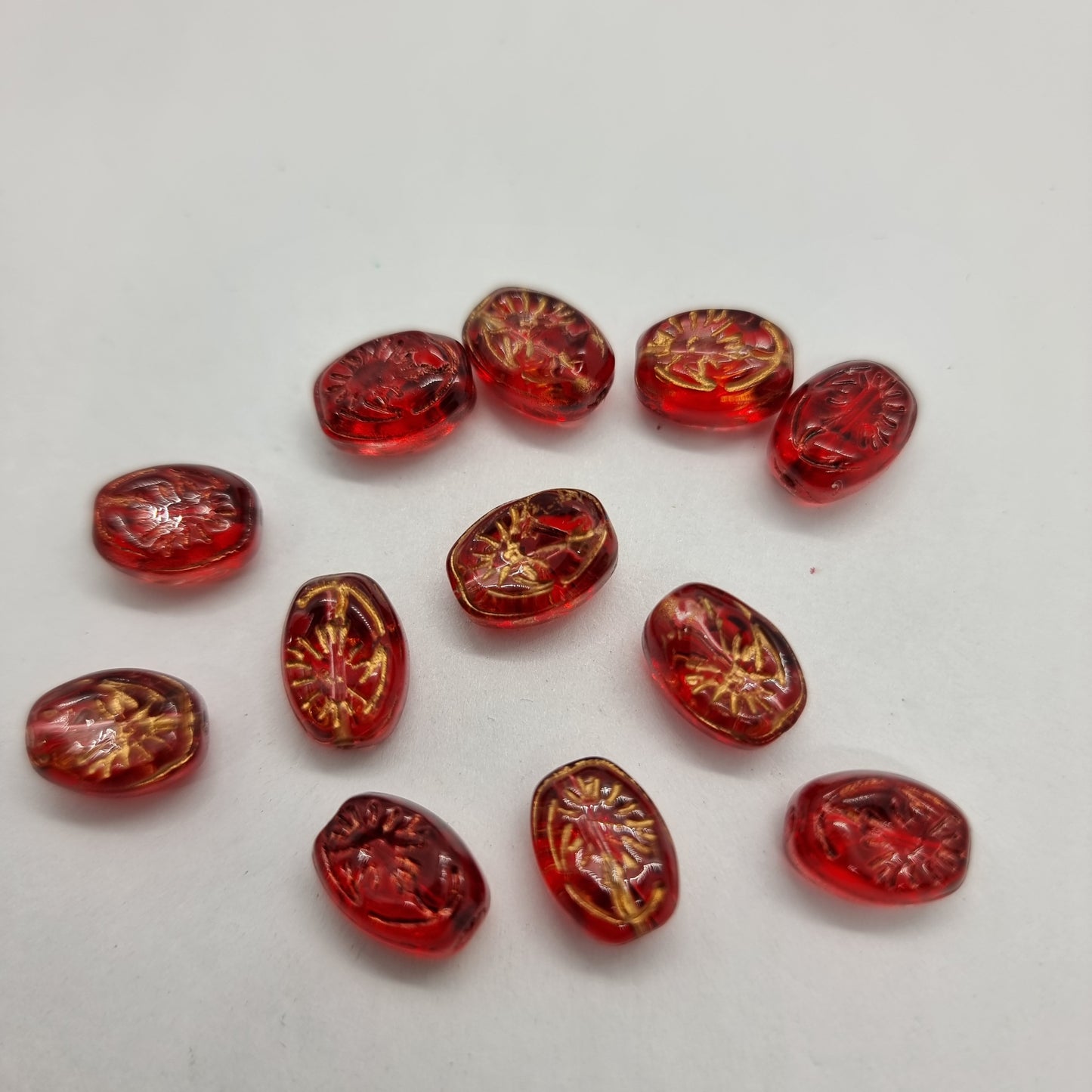 12pc Gold Inlaid Red Oval Glass Beads