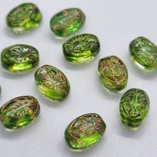 12pc Gold Inlaid Green Oval Glass Beads
