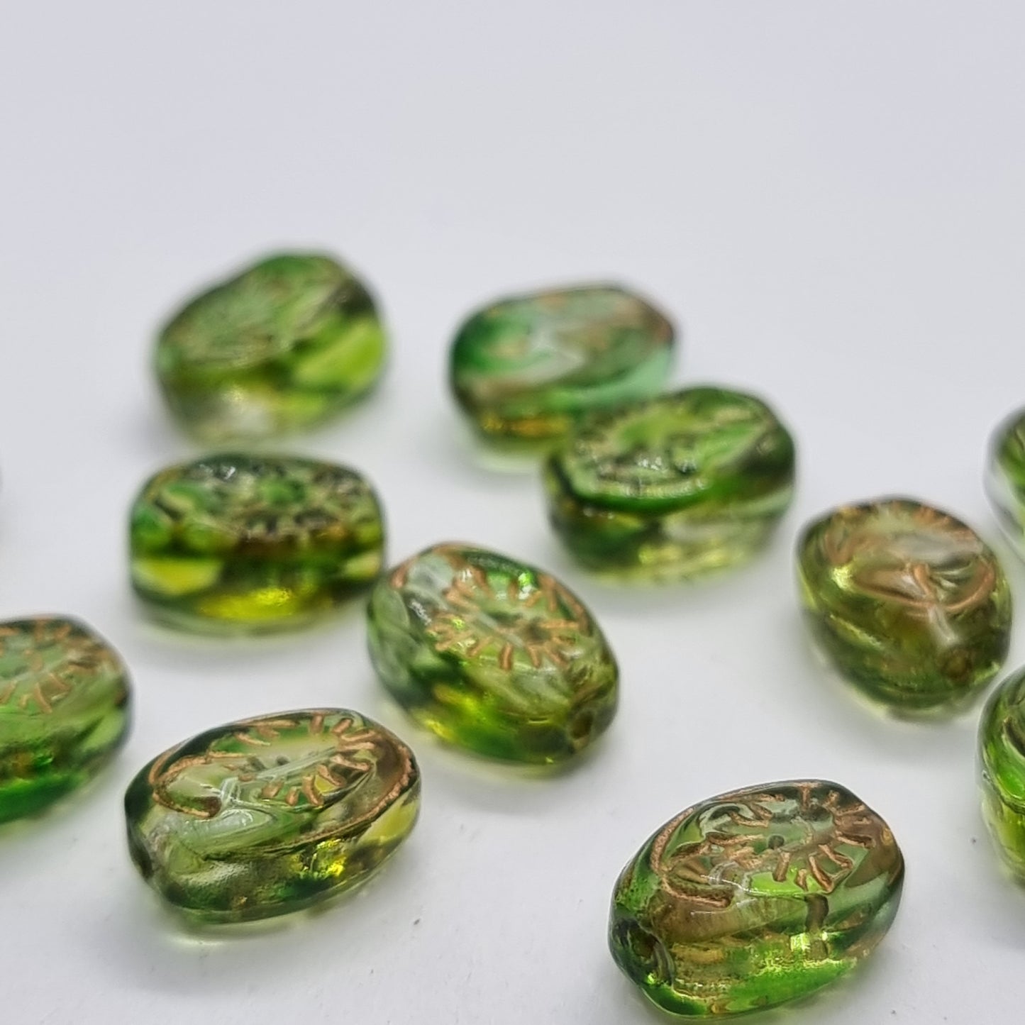 12pc Gold Inlaid Green Oval Glass Beads