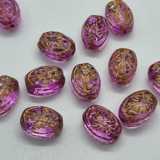 12pc Gold Inlaid Fuchsia Oval Glass Beads