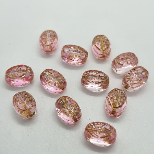 12pc Gold Inlaid Pink Oval Glass Beads