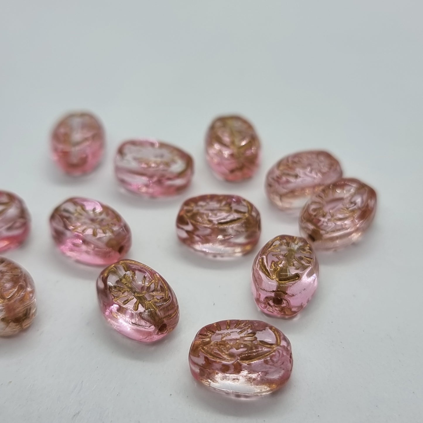 12pc Gold Inlaid Pink Oval Glass Beads