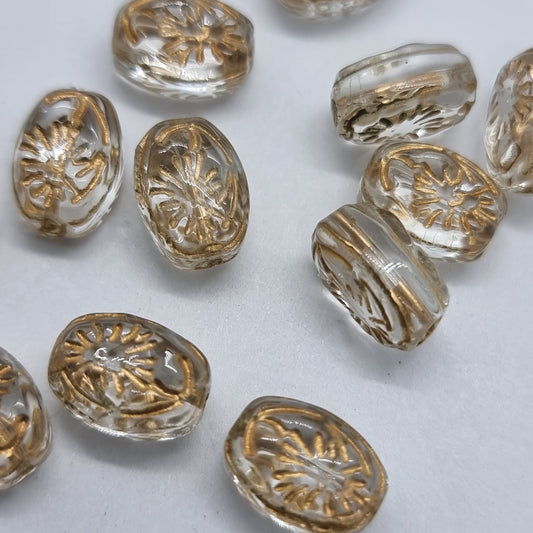 12pc Gold Inlaid Clear Oval Glass Beads