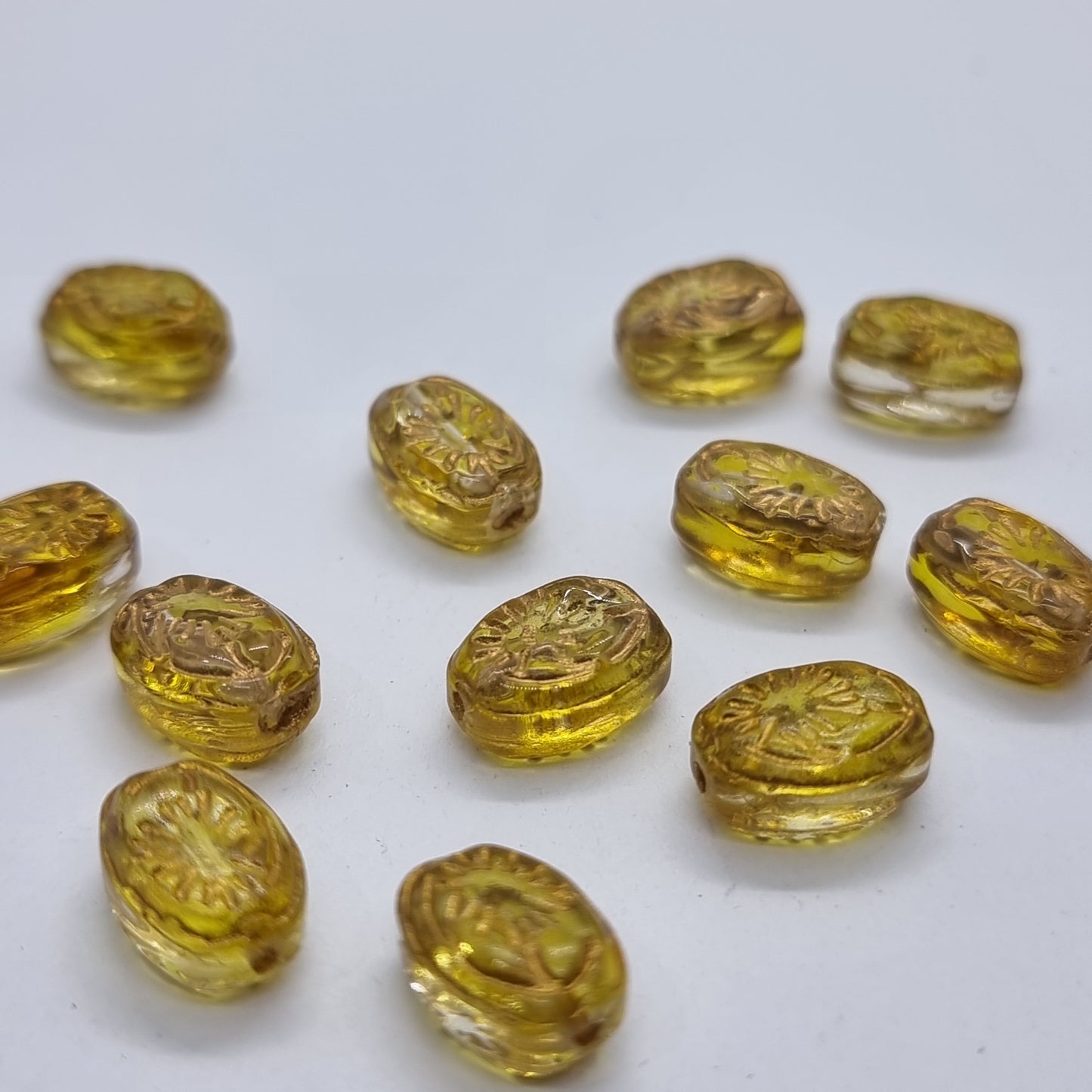 12pc Golden Inlaid Oval Glass Beads