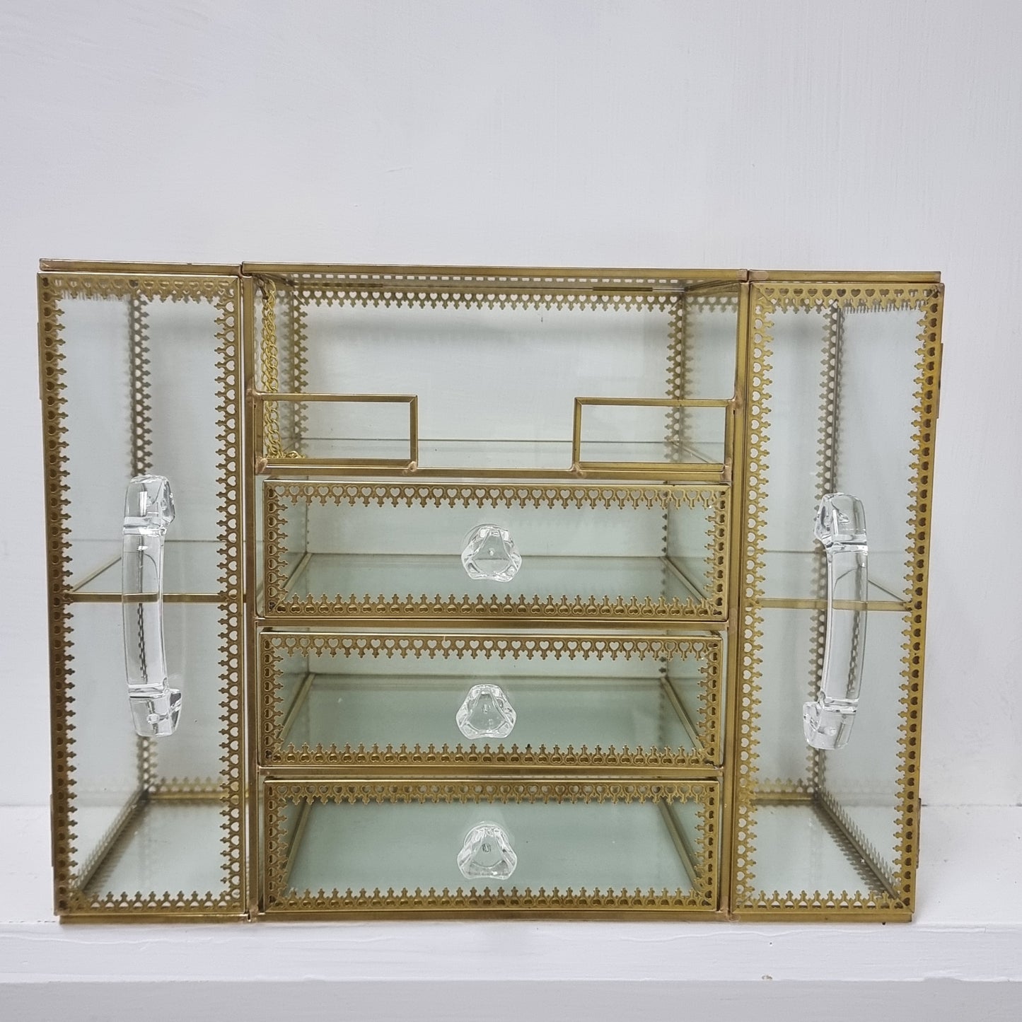 Large Brass Glass Make Up and Jewellery Box