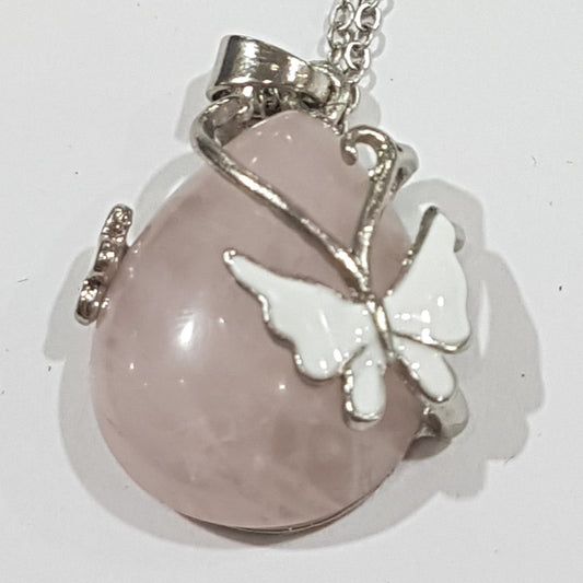 Oval Rose Quartz Necklace With White Butterflies