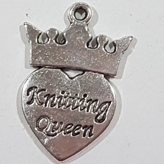 Knitting Queen Heart Shaped Silver Charm With Crown