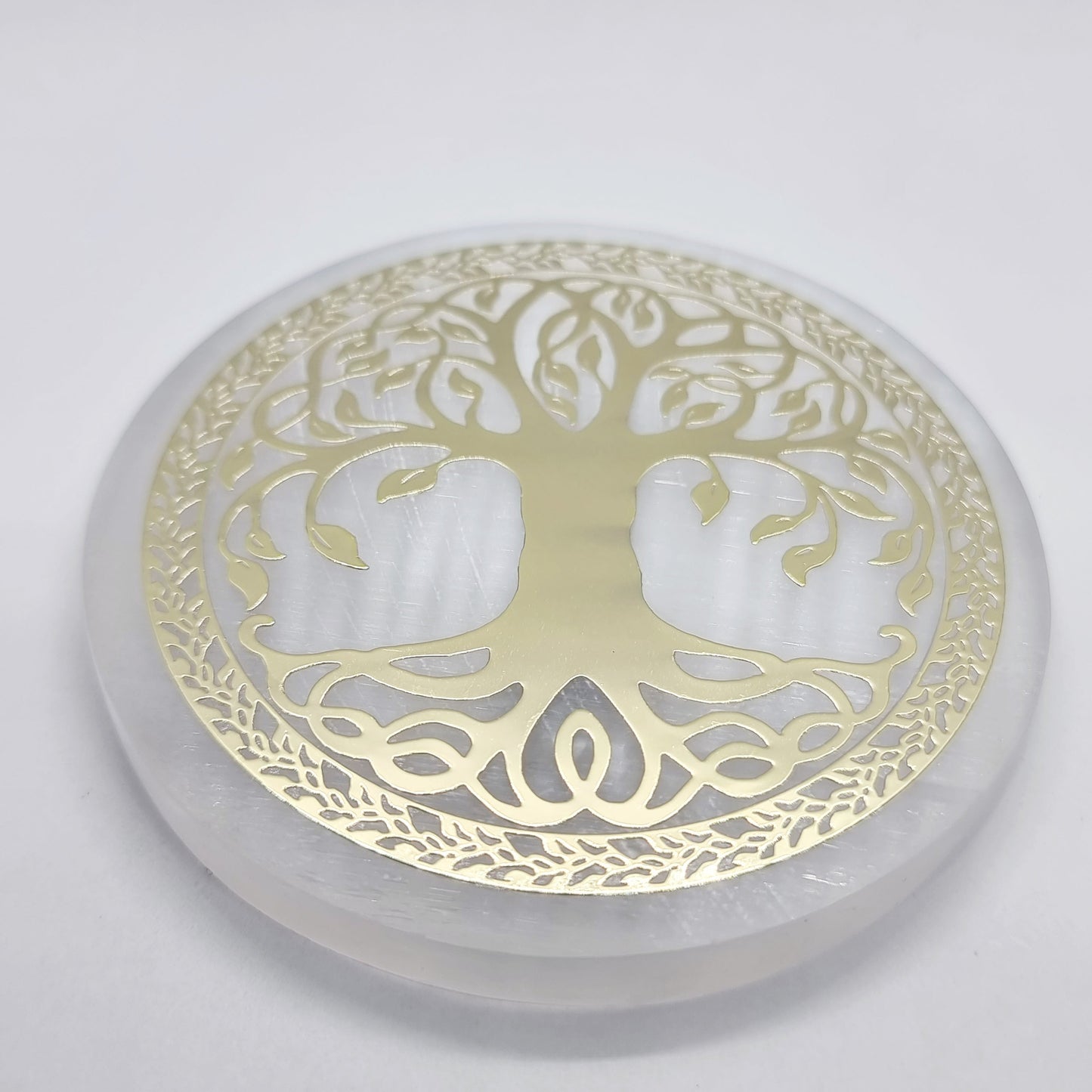 Small Selenite Celtic Tree of Life Gold Foil Charging Plate