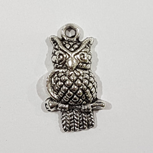 Dark Silver Owl on perch Charm