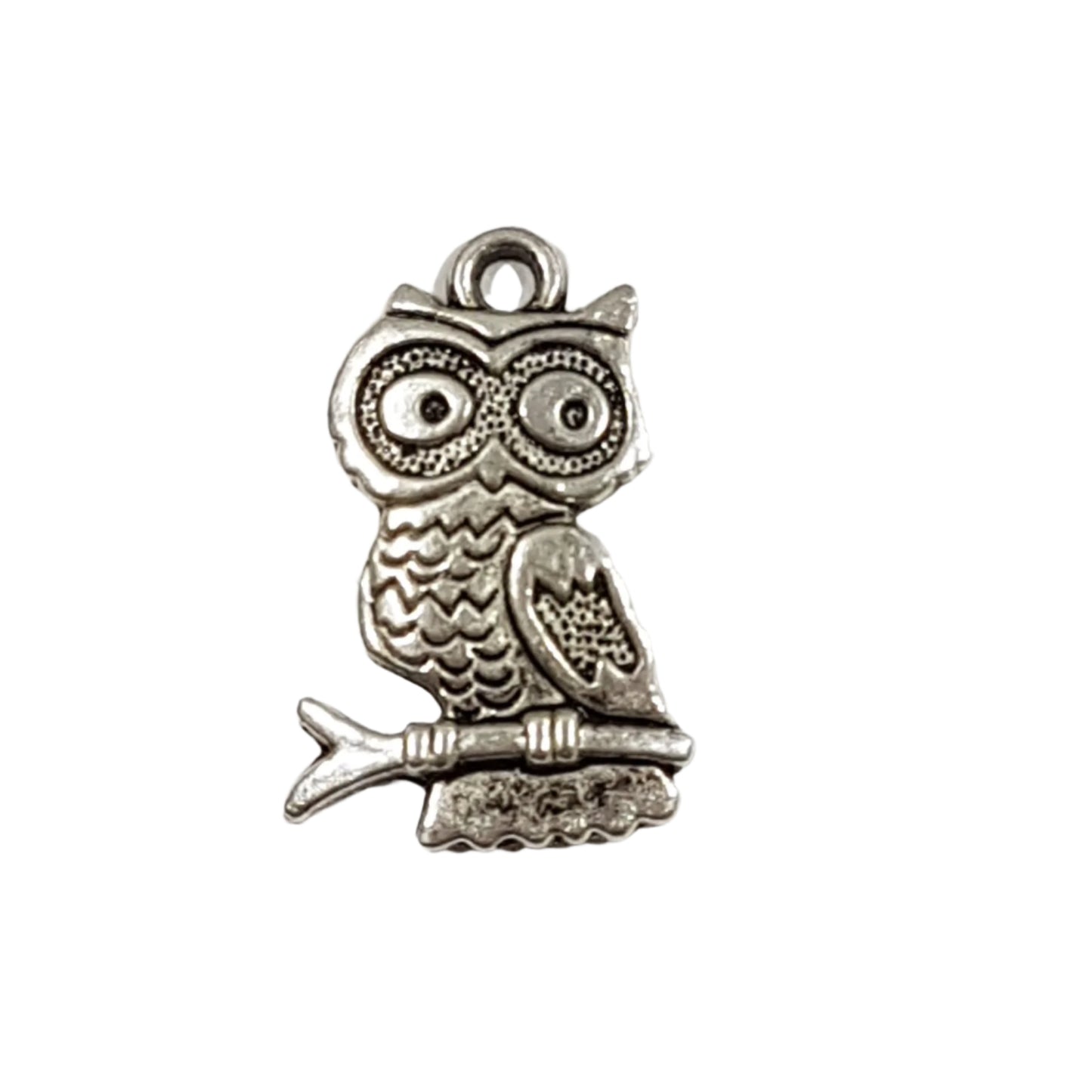 Silver Owl on perch with big eyes Charm