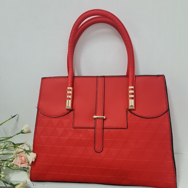 2 pc Large Red Leather Handbag With Triangle Pattern.