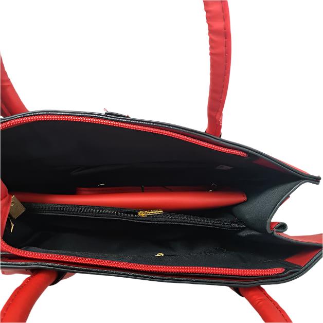 2 pc Large Red Leather Handbag With Triangle Pattern.