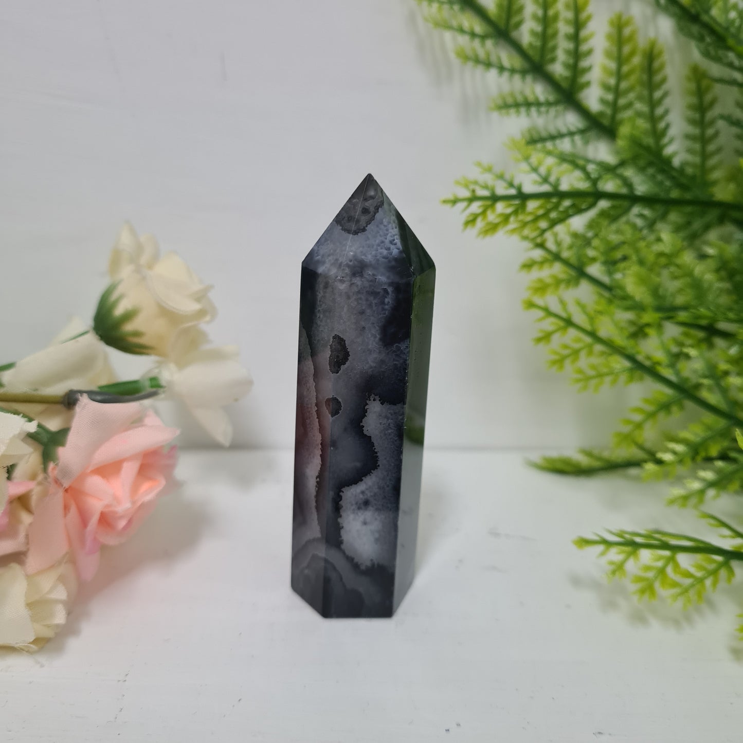 Black Agate with Quartz Gemstone Point