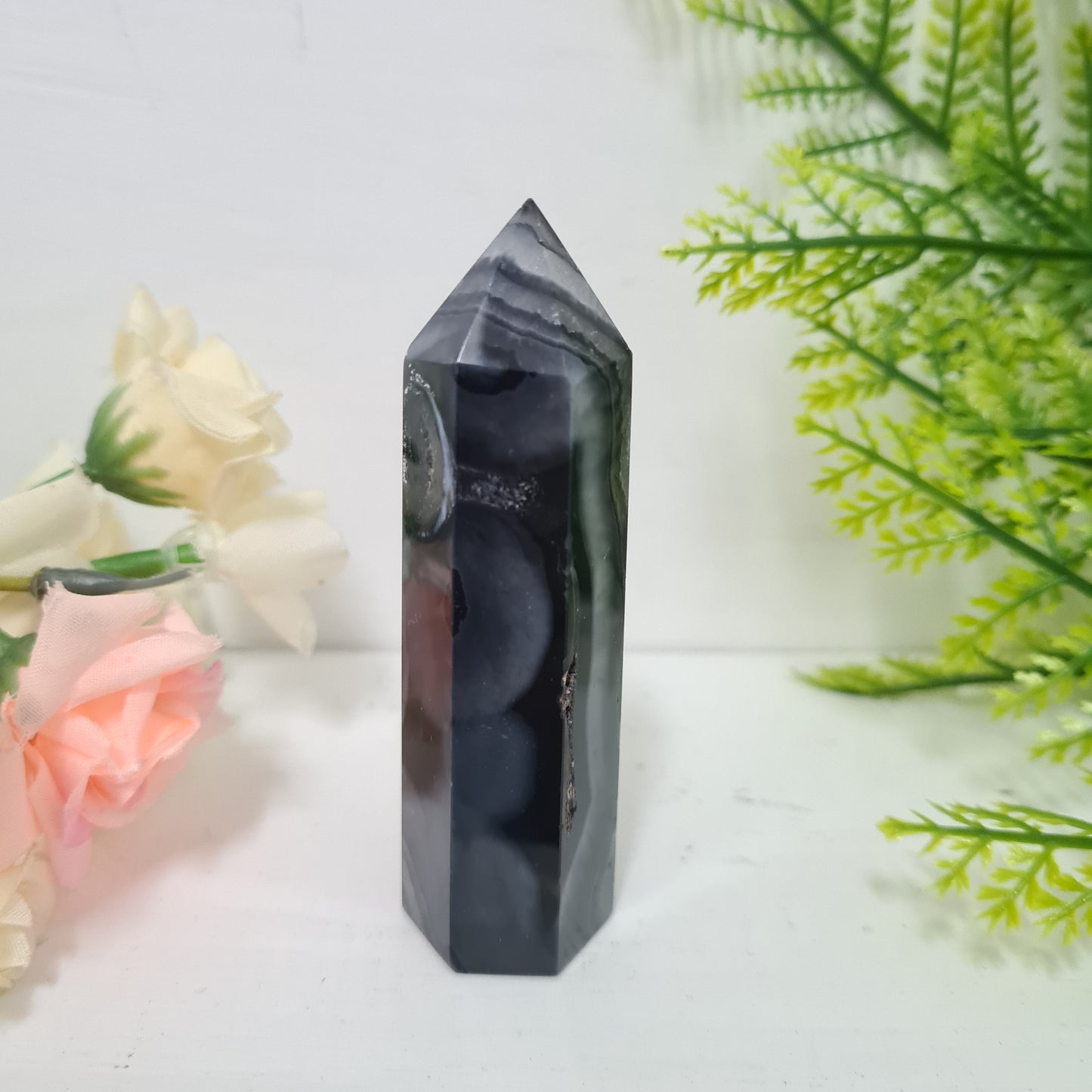 Black Agate with Quartz Gemstone Point