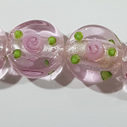 14mm Pink Floral Flat & Round Lampwork Bead