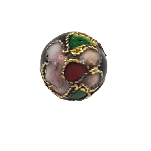Black Floral Round Cloisonné Bead