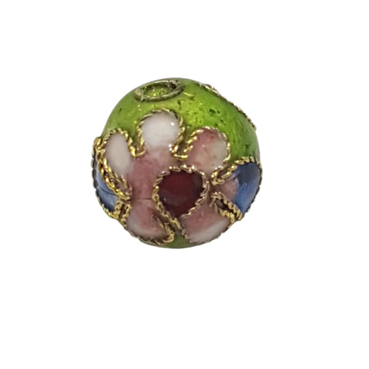 Green Floral Round Cloisonné Bead