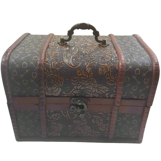 15cm Burnt Orange & Black Treasure Box With Roses & Patterned Sides.