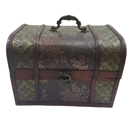 15cm Burgundy Treasure Box With Flowers, Berries & Dark Gold Flower Sides.