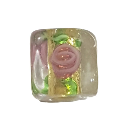 10mm Floral & Gold Lampwork Sq. Bead