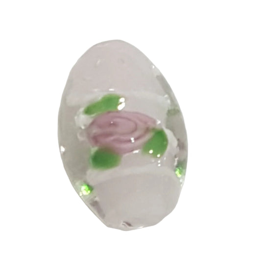 15mm Oval Pink & White Floral Lampwork Bead