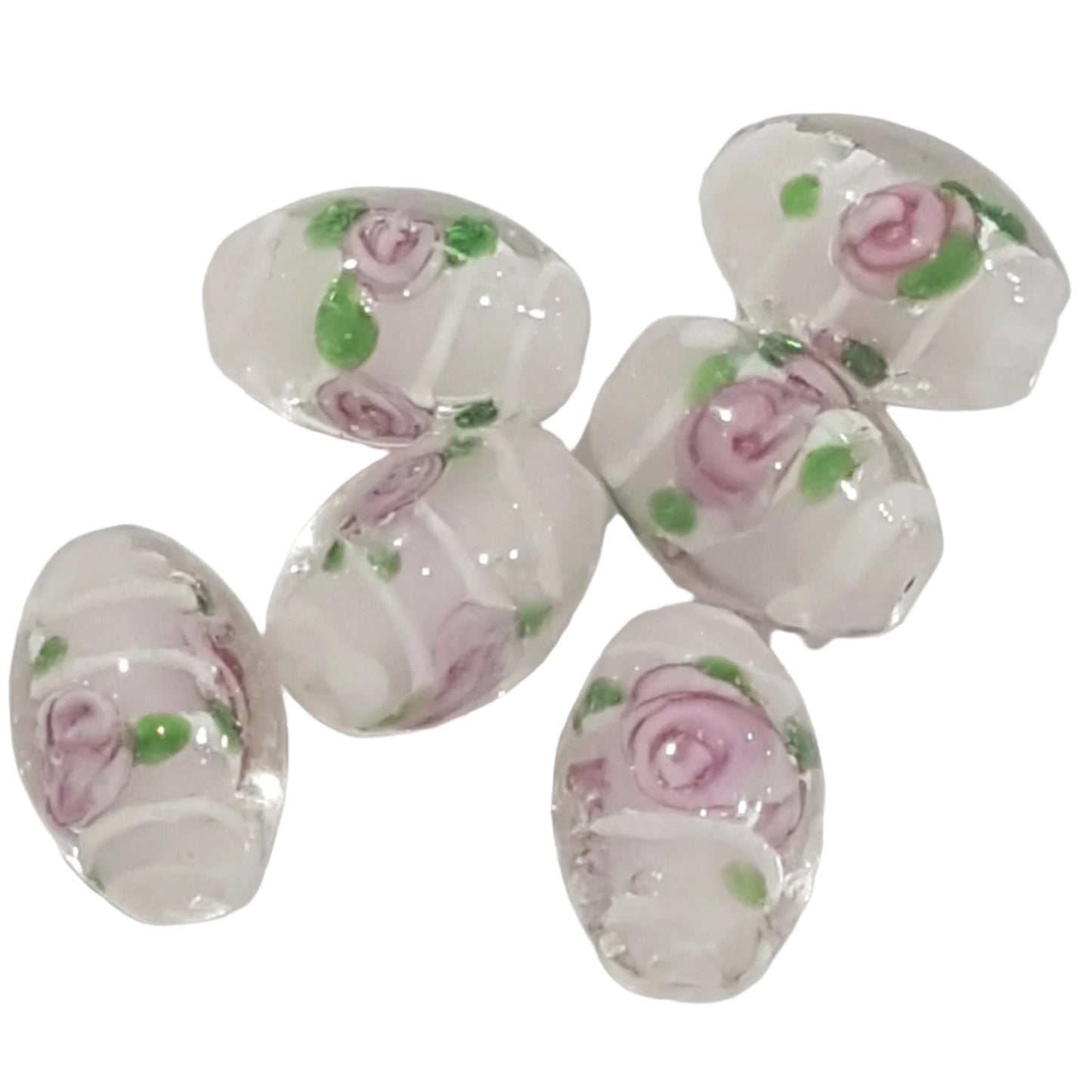 15mm Oval Pink & White Floral Lampwork Bead
