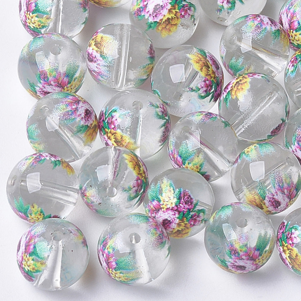 8mm Printed Floral Glass Bead