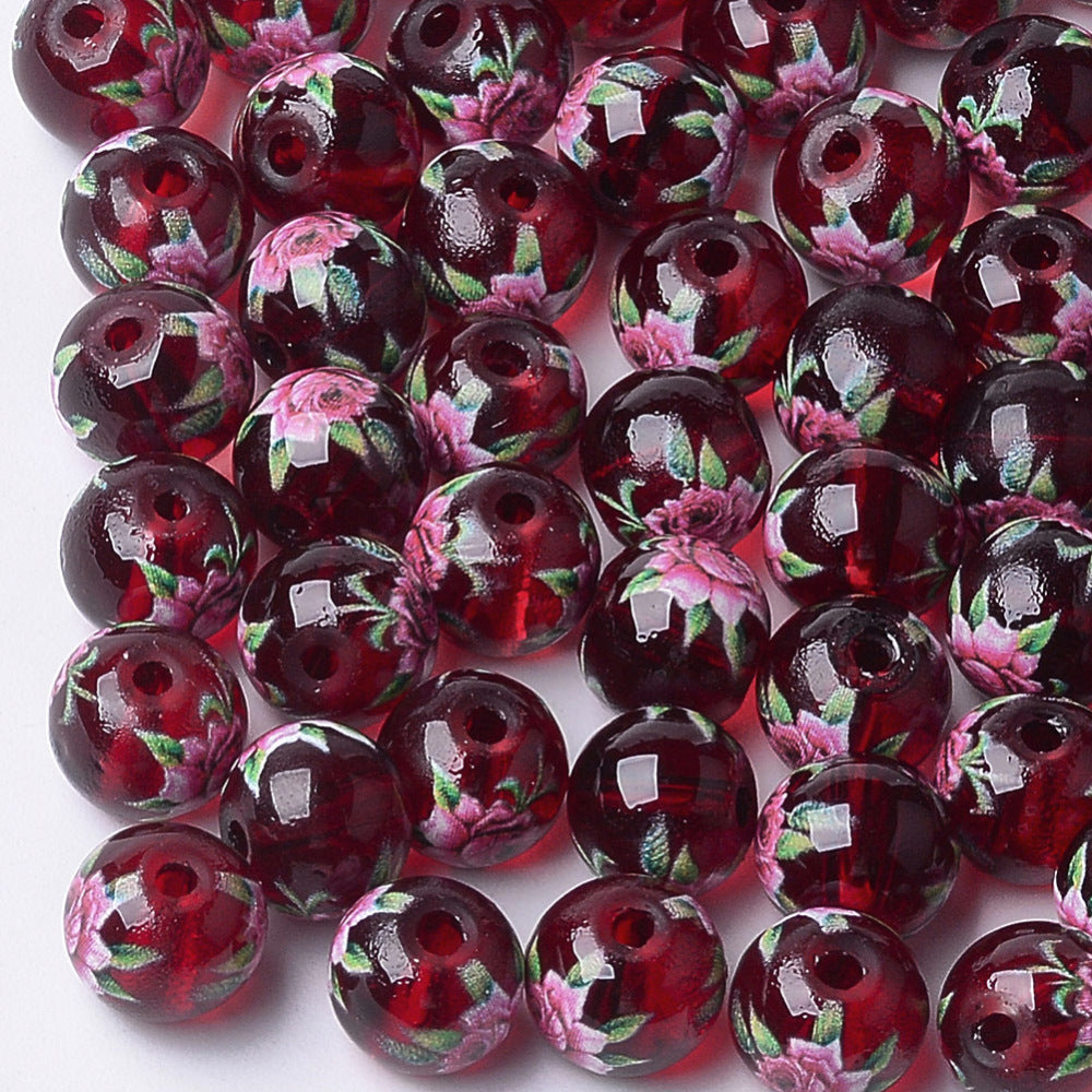 8mm Red Printed Floral Glass Bead