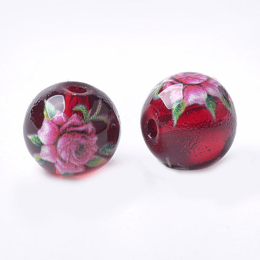 8mm Red Printed Floral Glass Bead
