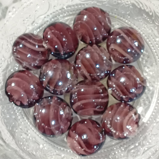 12pc 12mm Purple Glass Beads With White Swirls