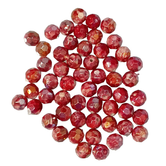 50pc 10mm Red & White Round AB Faceted Beads