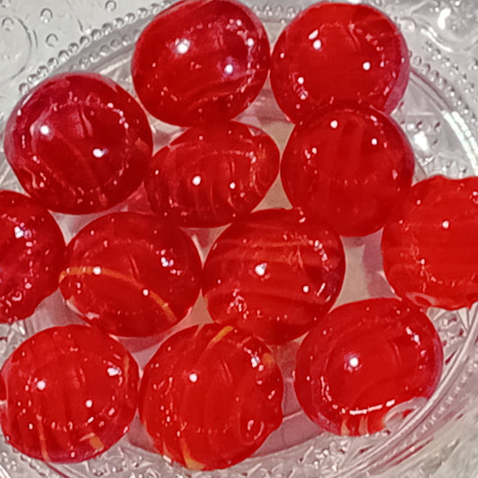 12pc Red Glass Beads With Orange & White Swirls