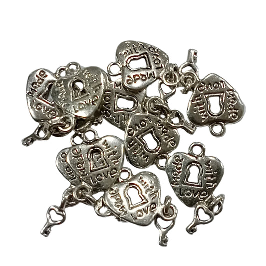 10pc Silver 'Made With Love' Locket & Key Charms
