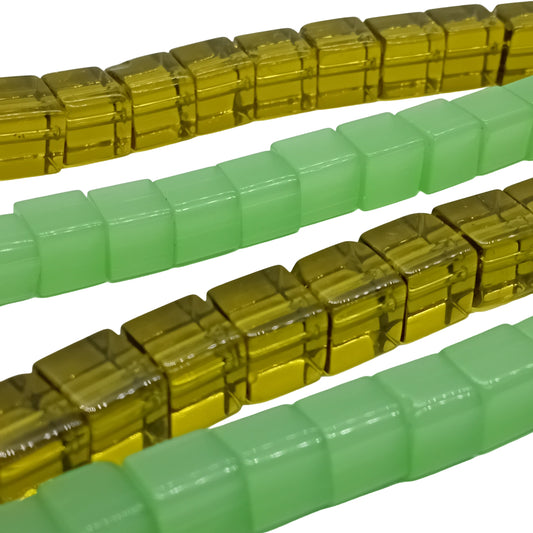 SALE! 4x Strings Of 10mm Green Square Glass Beads