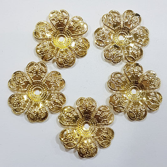 5pc Large Gold Flower Filigree Bead Caps