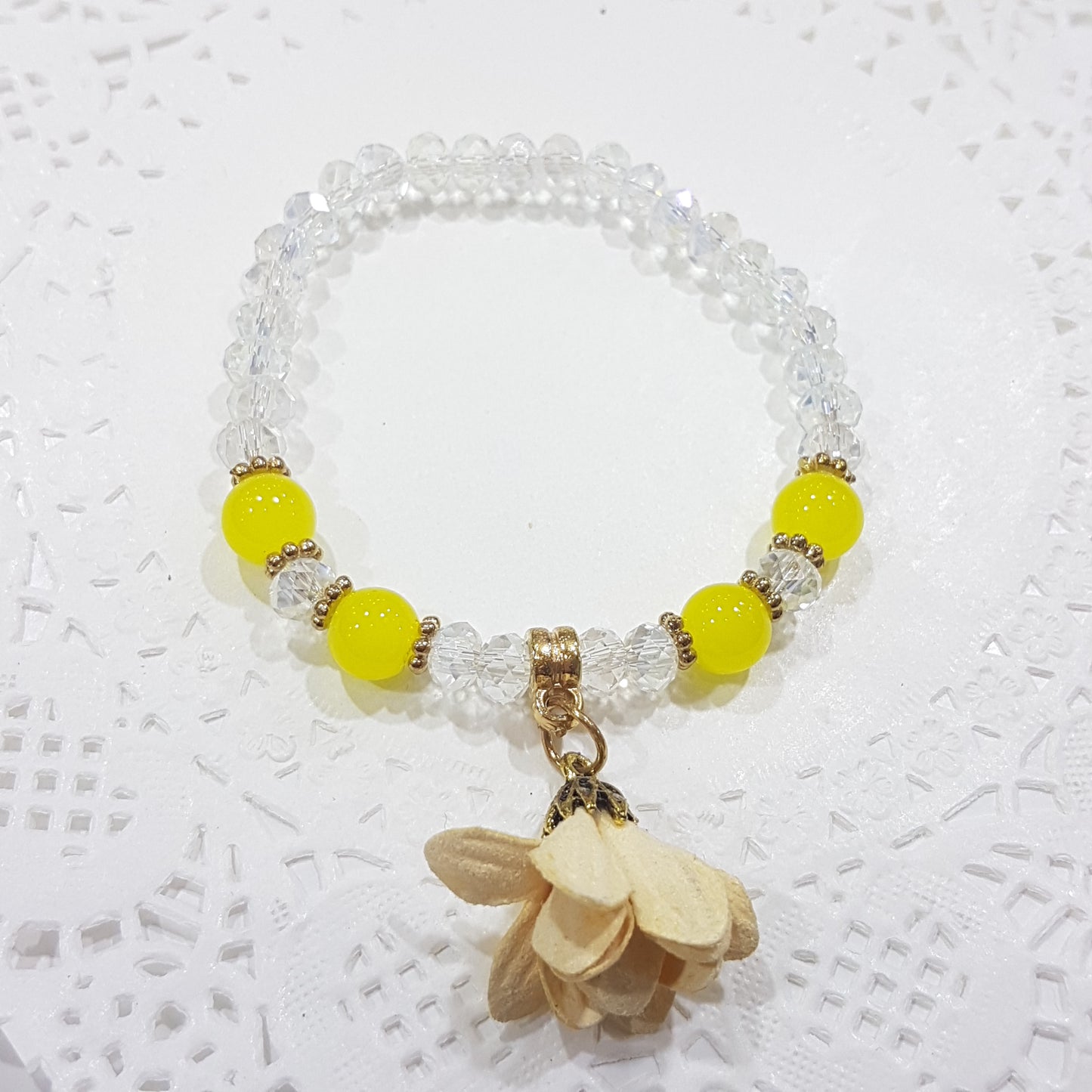 Crystal Glass Yellow Beaded Flower Bracelet