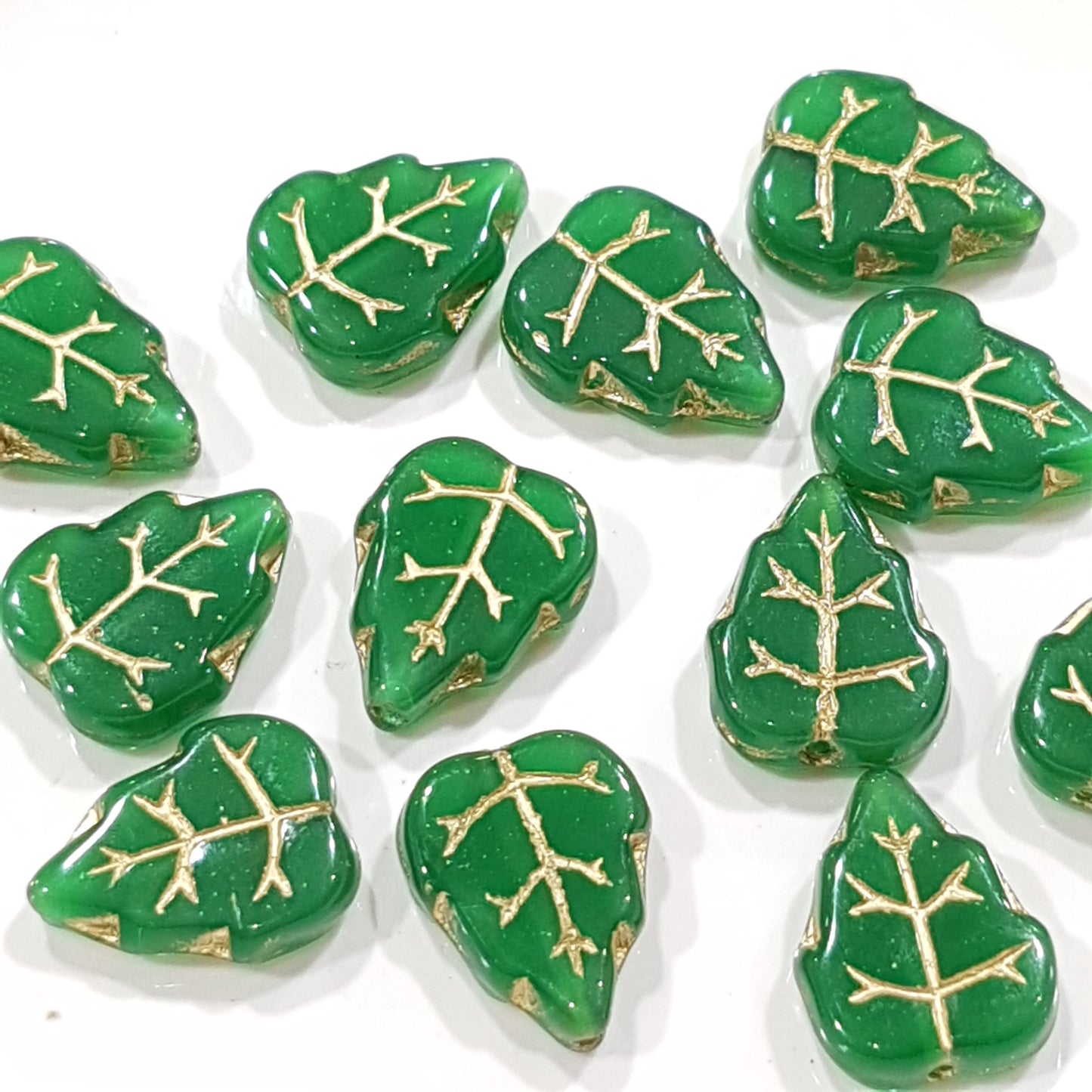 12pc Czech Opaque Green Inlaid Leaves