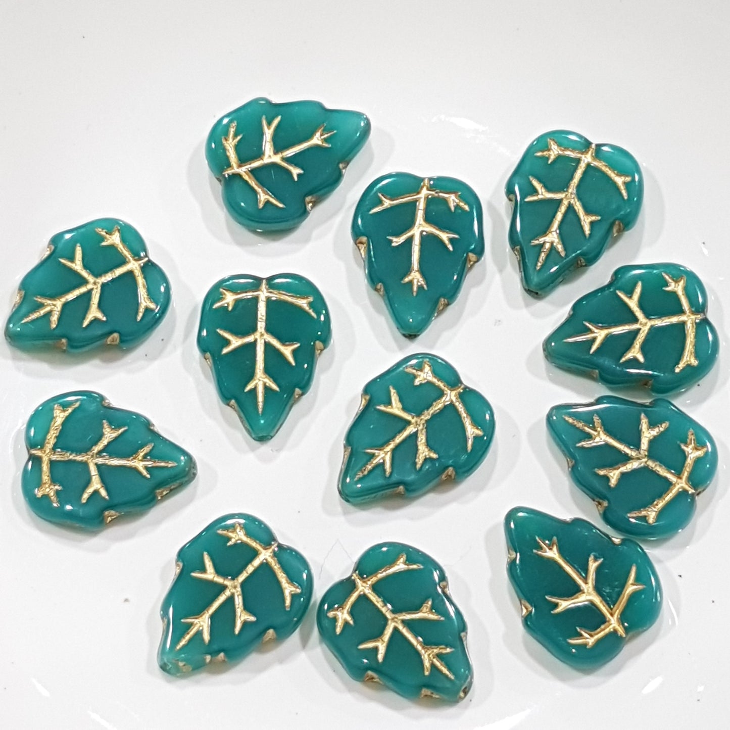 12pc Czech Milky Teal Inlaid Leaves