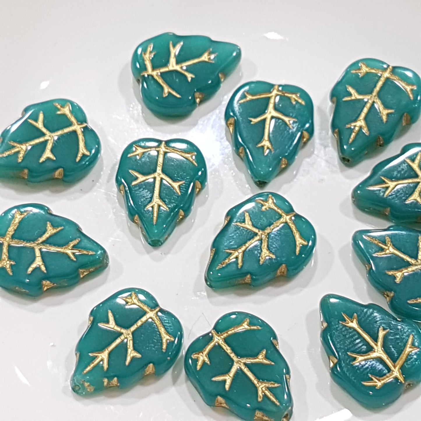 12pc Czech Milky Teal Inlaid Leaves